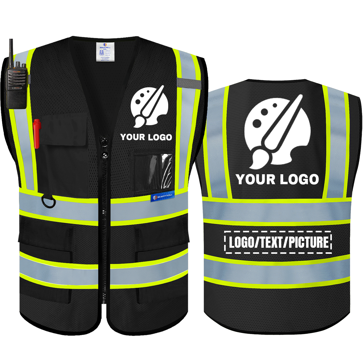 BeautyWill Mesh Two-Tone 5 Pockets Custom Logo ANSI Class 2 Safety Vest with Mic Tab