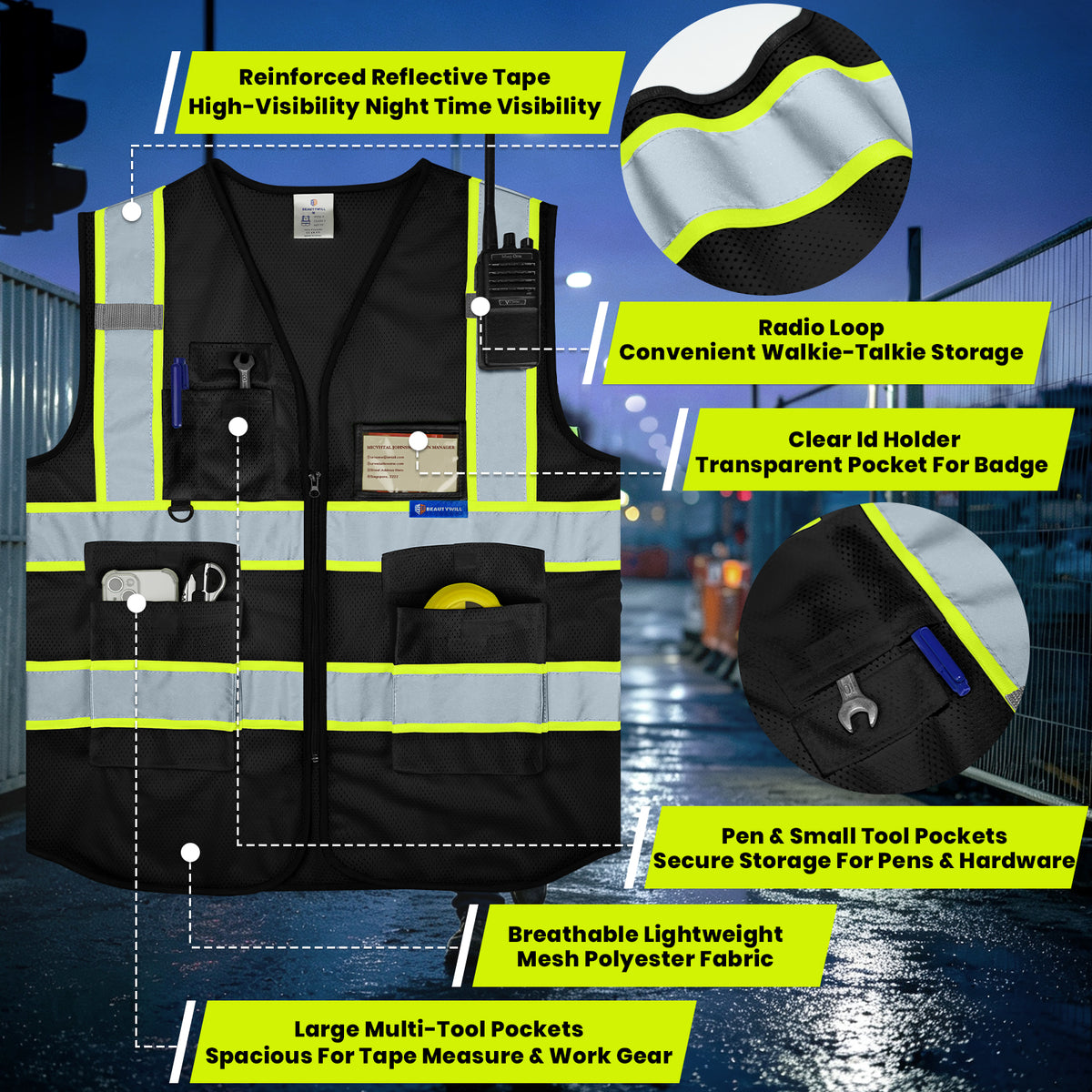 BeautyWill Mesh Two-Tone 5 Pockets Custom Logo ANSI Class 2 Safety Vest with Mic Tab
