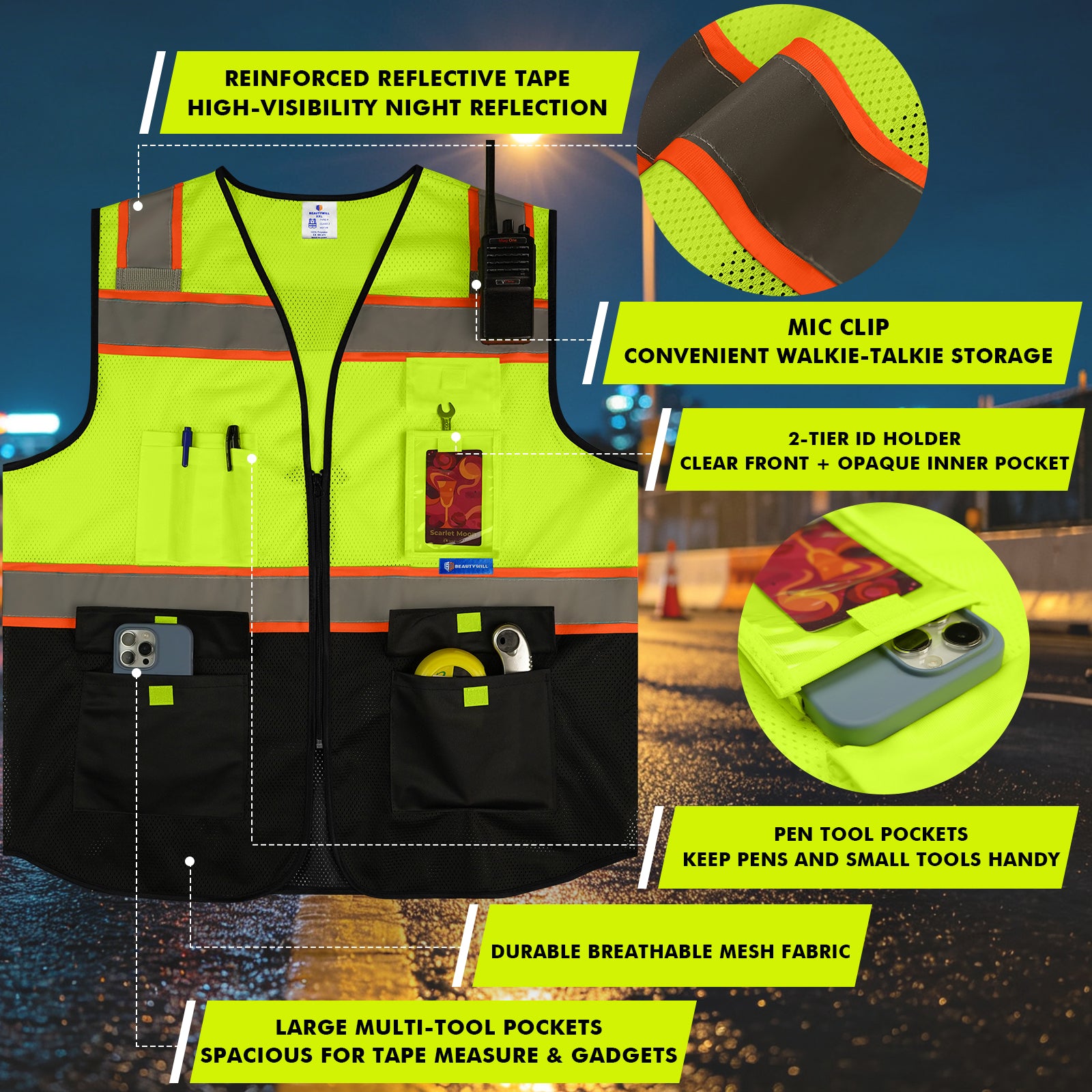 BeautyWill Mesh Two-Tone 10 Pockets Class 2 Custom Logo Hi-Vis Reflective Safety Vest Black Bottom