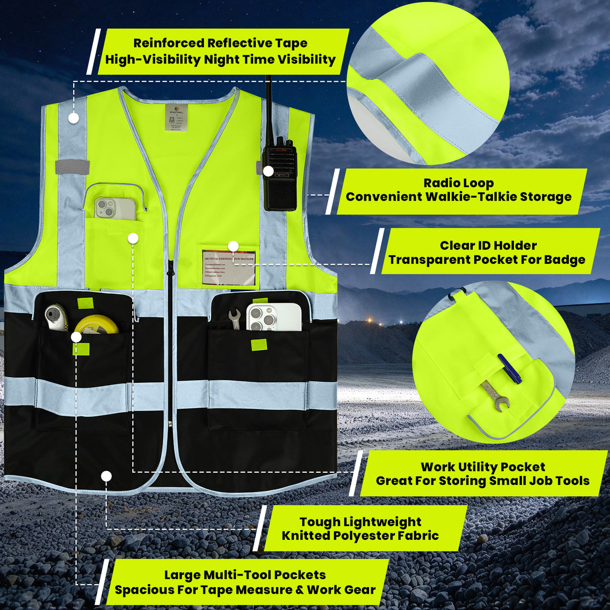 BeautyWill 6 Pockets Enhanced Reflective Border Custom Logo ANSI Class 2 Safety Vest