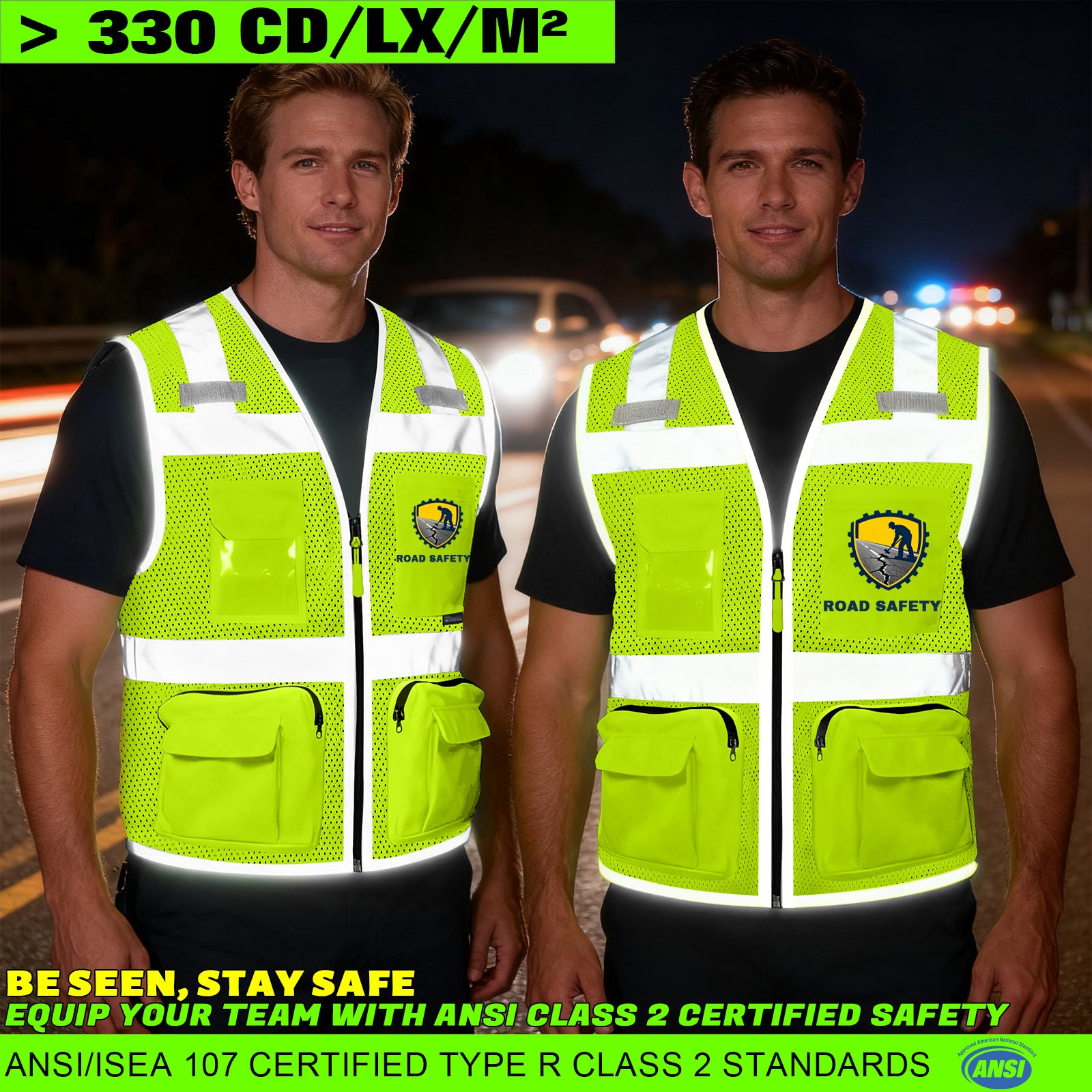 BeautyWill 11 Pockets Mesh Custom Logo Class 2 ANSI Safety Vest-2 Zipper Pockets with Enhanced Reflective Border Tape& Mic Tab