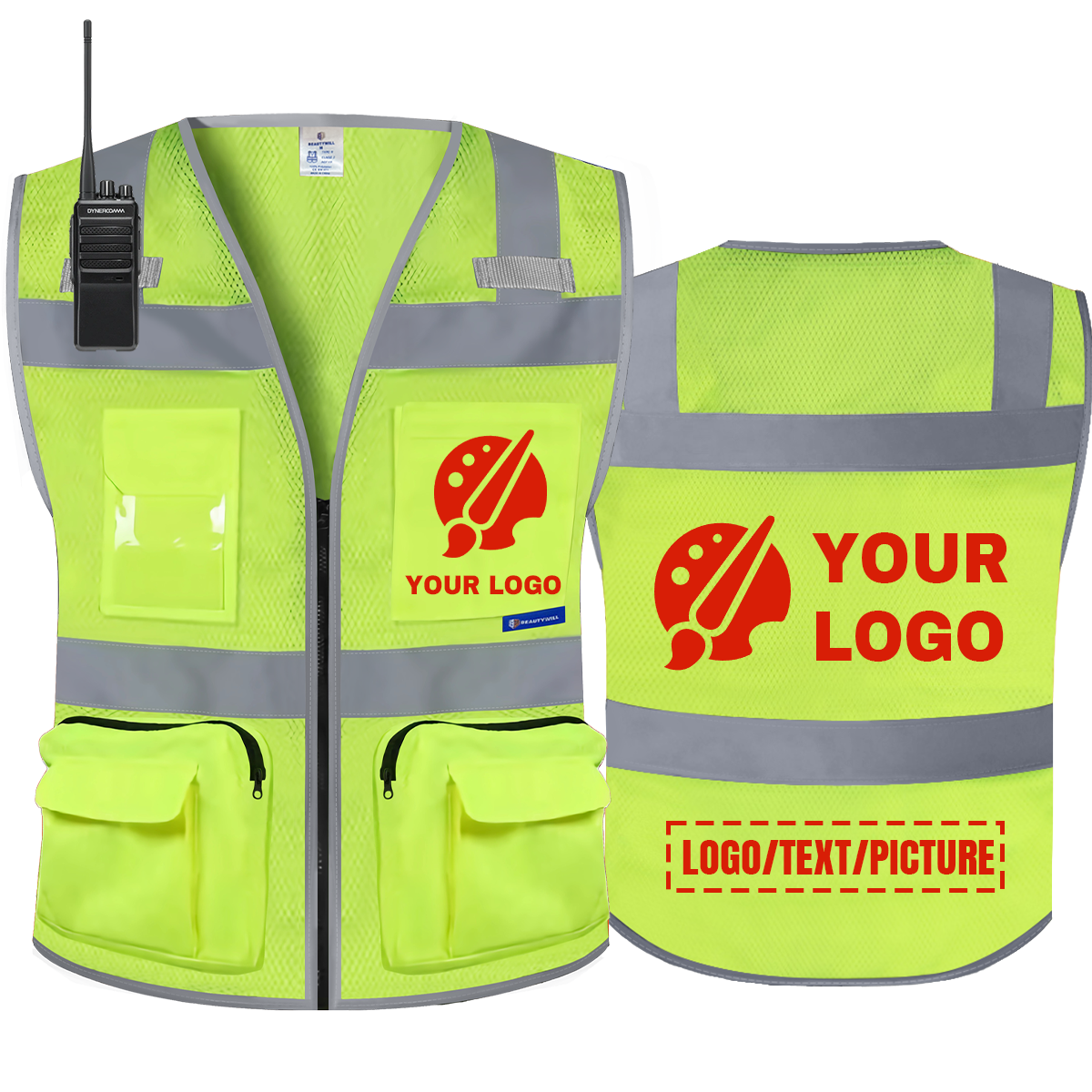 BeautyWill 11 Pockets Mesh Custom Logo Class 2 ANSI Safety Vest-2 Zipper Pockets with Enhanced Reflective Border Tape& Mic Tab