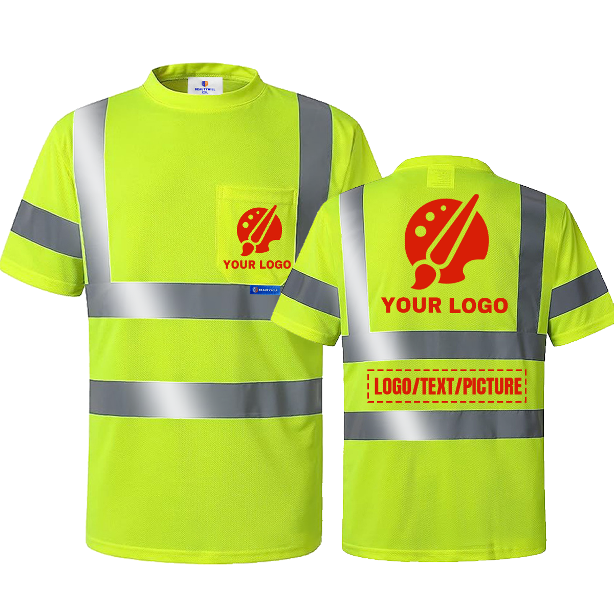 BeautyWill Schutzshirt mit individuellem Logo ANSI Klasse 3 Warnschutzshirt mit Tasche – Kurzarm
