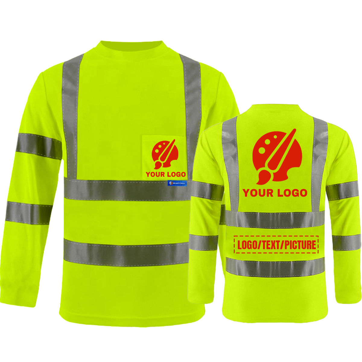 BeautyWill Custom Logo Sicherheits-Shirt ANSI Klasse 3 Warnschutzshirt mit Tasche – Langarm