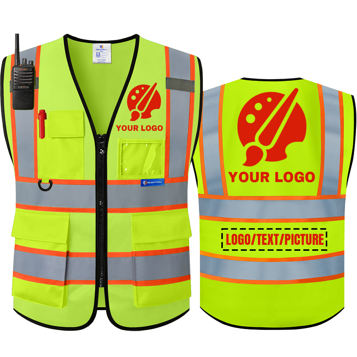 BeautyWill Two-Tone 5 Pockets Custom Logo ANSI Class 2 Safety Vest with Mic Tab