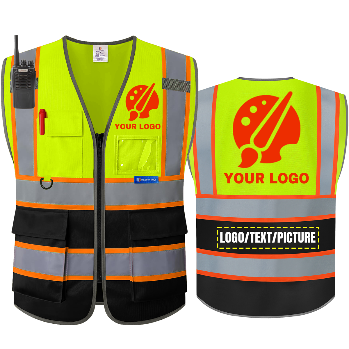 BeautyWill 5 Pockets Black Bottom Class 2 Custom Logo Hi-Vis Reflective Safety Vest with Two-Tone Reflective Tape