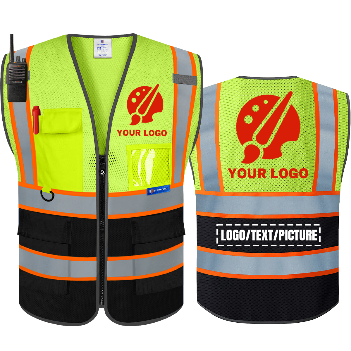 BeautyWill Mesh 5 Pockets Black Bottom Class 2 Custom Logo Hi-Vis Reflective Safety Vest with Two-Tone Reflective Tape