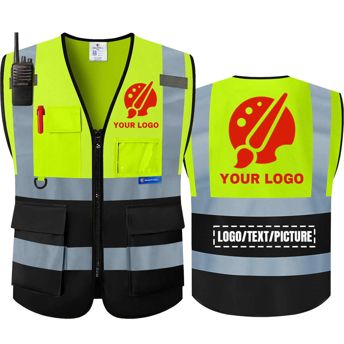 BeautyWill 5 Pockets Class 2 Custom Logo Hi-Vis Reflective Safety Vest Black Bottom