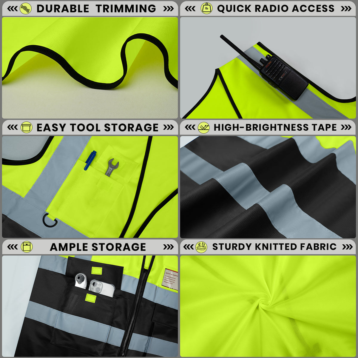 BeautyWill 5 Pockets Class 2 Custom Logo Hi-Vis Reflective Safety Vest Black Bottom
