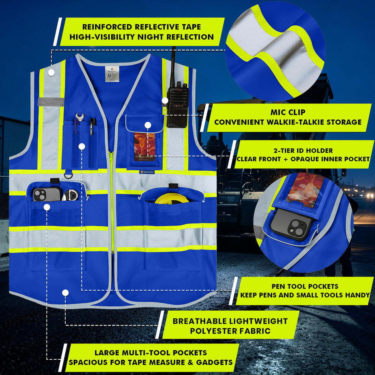 BeautyWill 9 Pockets Two-Tone Custom Logo ANSI Class 2 Safety Vest with Enhanced Reflective Border Tape& Mic Tab